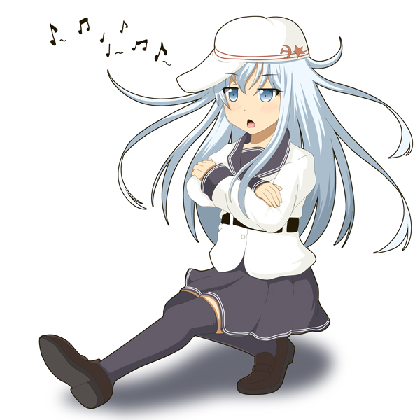 1girl, black_legwear, blue_eyes, cossack_dance, crossed_arms, hammer_and_sickle, hat, hibiki_(kantai_collection), kantai_collection, loafers, long_hair, miicha, musical_note, open_mouth, shoes, silver_hair, solo, star, thigh-highs, verniy_(kantai_collection)