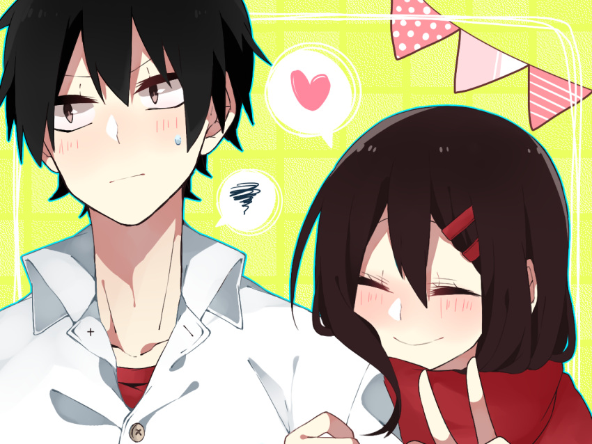 1boy, 1girl, black_hair, blush, closed_eyes, hair_ornament, hairclip, heart