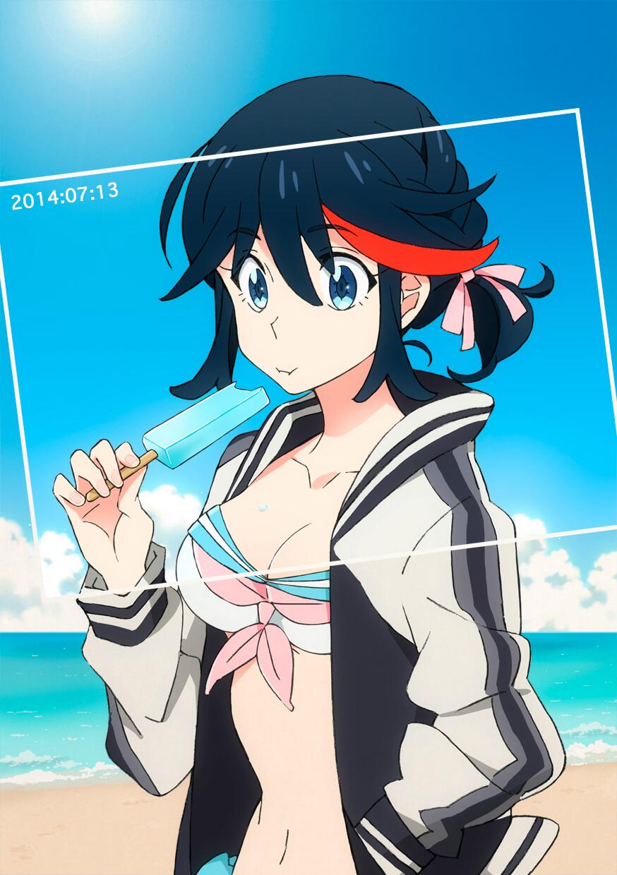 1girl, beach, bikini, food, highres, jacket, kill_la_kill, mako_(macomaco7)