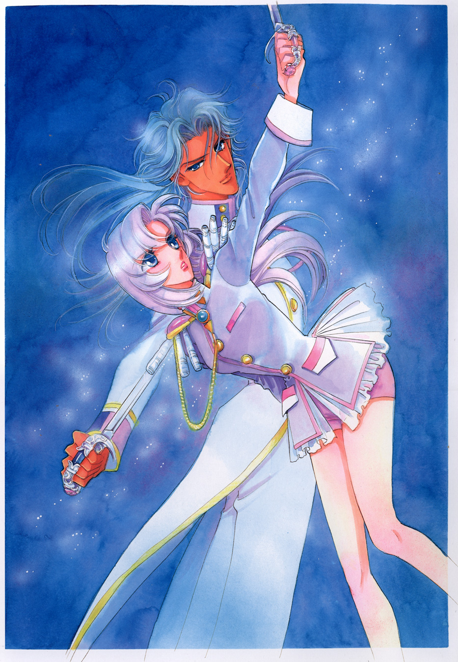 highres, official_art, ootori_akio, pink_hair, saitou_chiho, scan, shoujo_kakumei_utena, sword