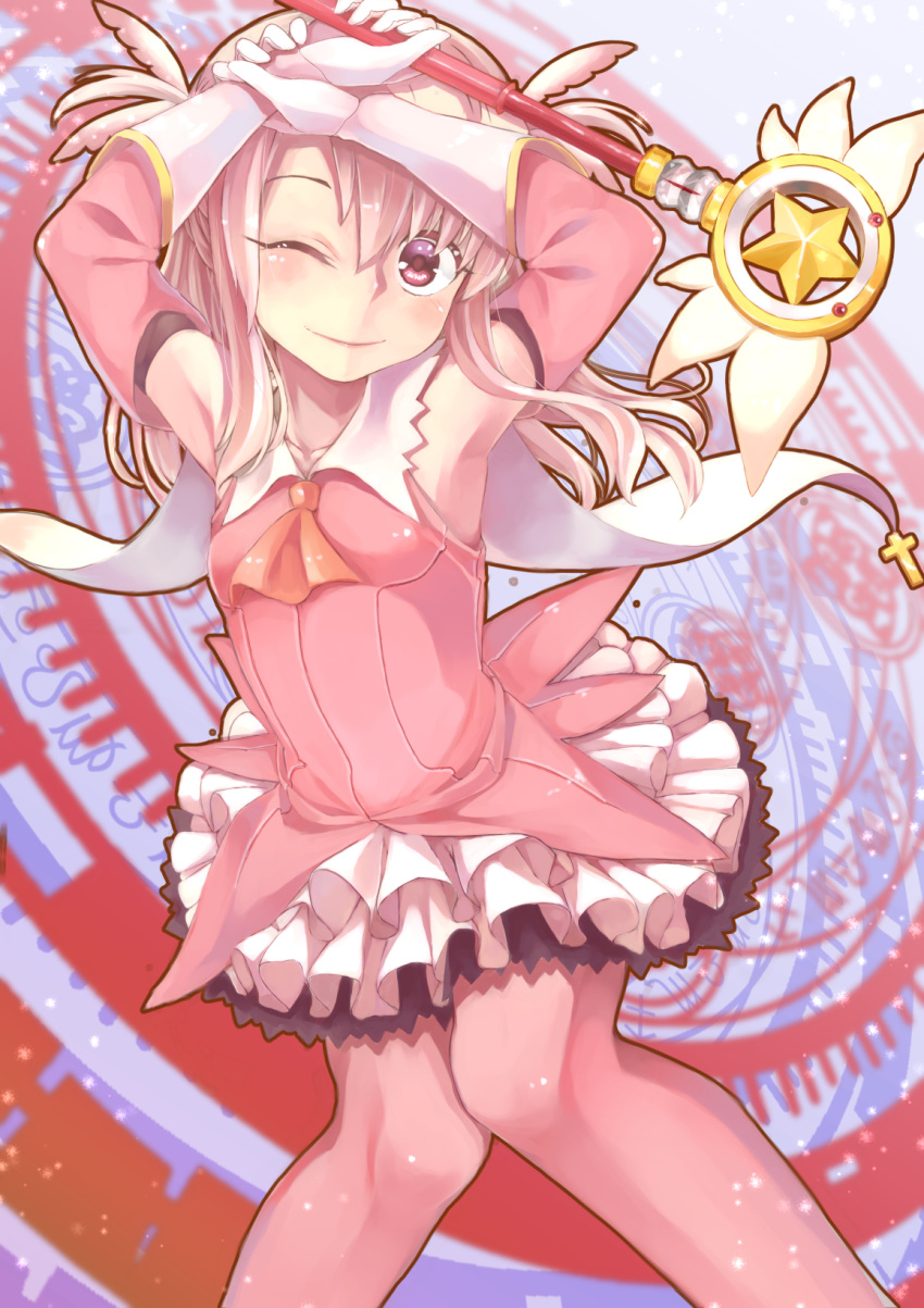 1girl, armpits, arms_up, ascot, baton, blonde_hair, boots, cape