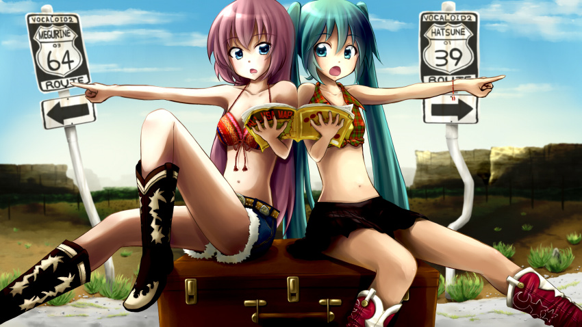 2girls, 39, 64, america, aqua_eyes, aqua_hair, belt, belt_buckle