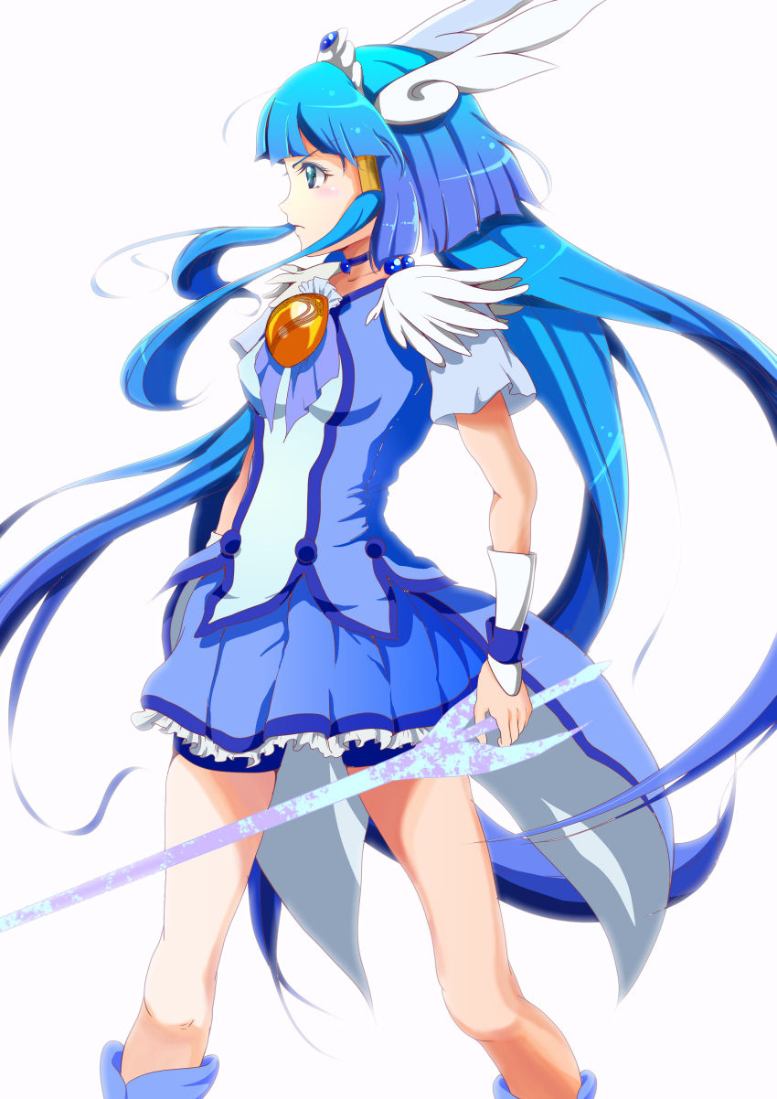 1girl, absurdres, aoki_reika, bike_shorts, blue_dress, blue_eyes, blue_hair, blush