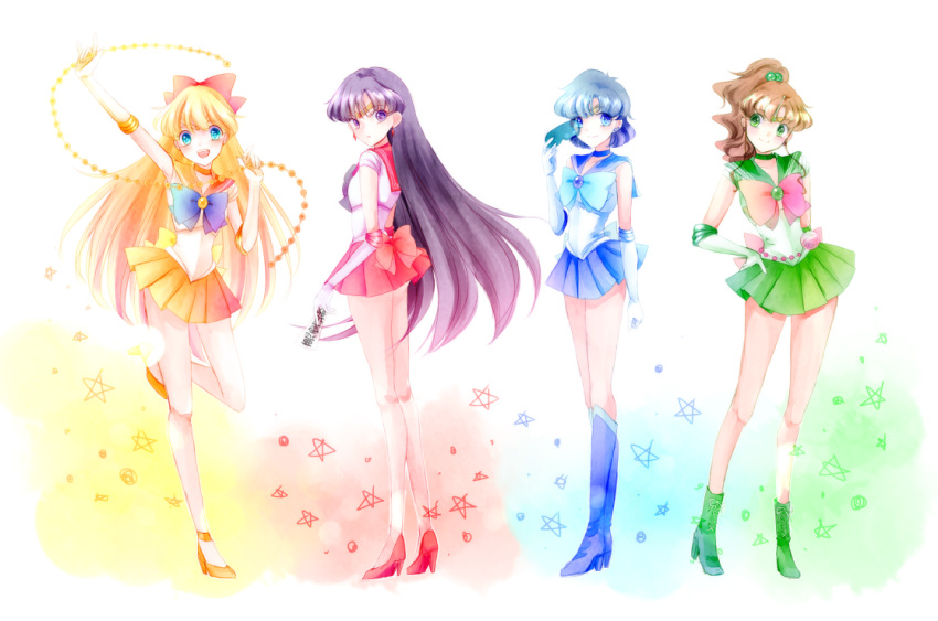 4girls, aino_minako, bishoujo_senshi_sailor_moon, blonde_hair, blue_eyes, blue_hair, blue_skirt, boots