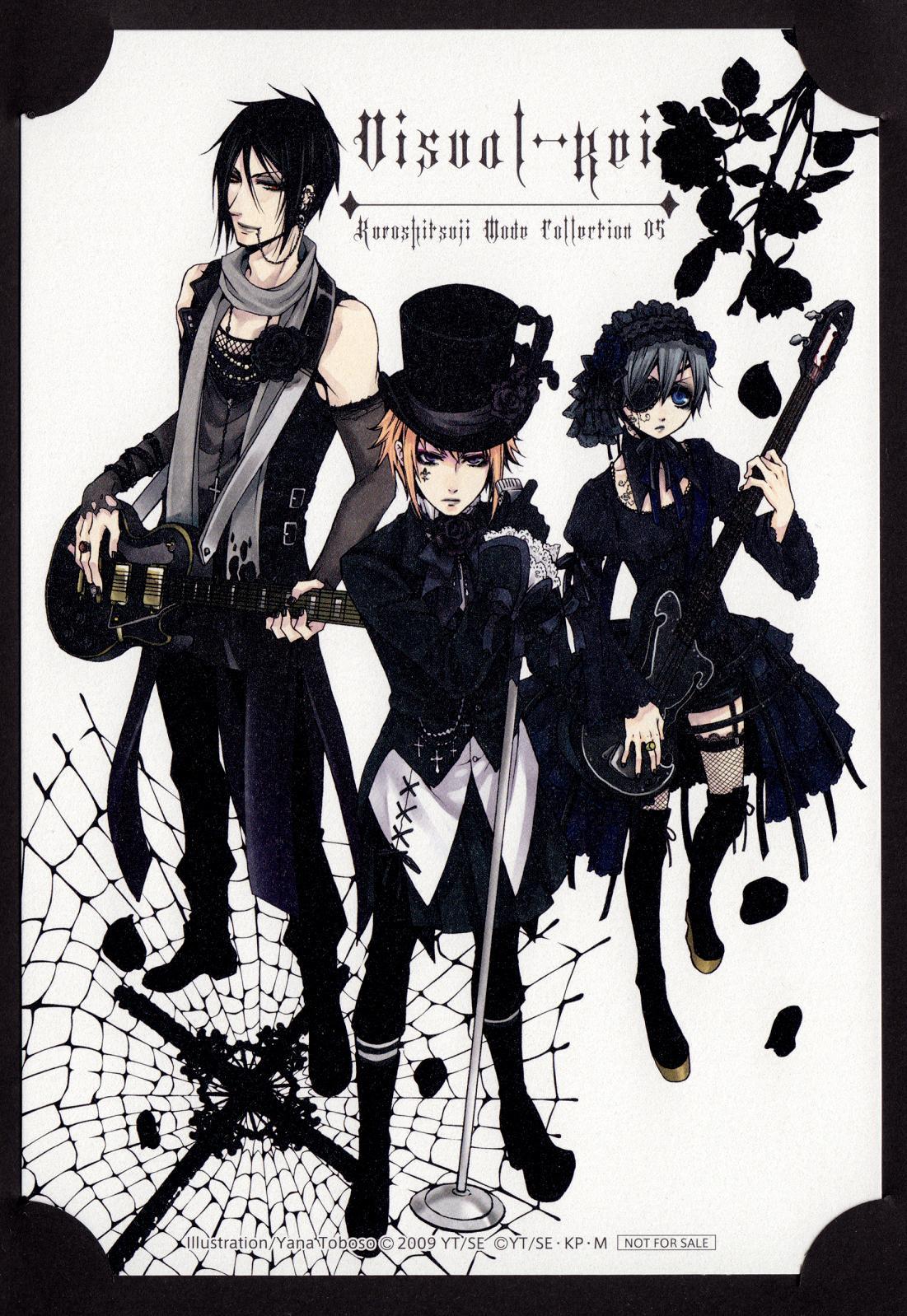 3boys, androgynous, black_hair, blonde_hair, blue_eyes, boots, ciel_phantomhive, crossdressing, drocell_keinz, electric_guitar, frills, gothic, hat, headdress, kuroshitsuji, male, microphone, official_art, piercing, red_eyes, scan, sebastian_michaelis, thigh-highs, top_hat, trap, visual_kei, yana_toboso