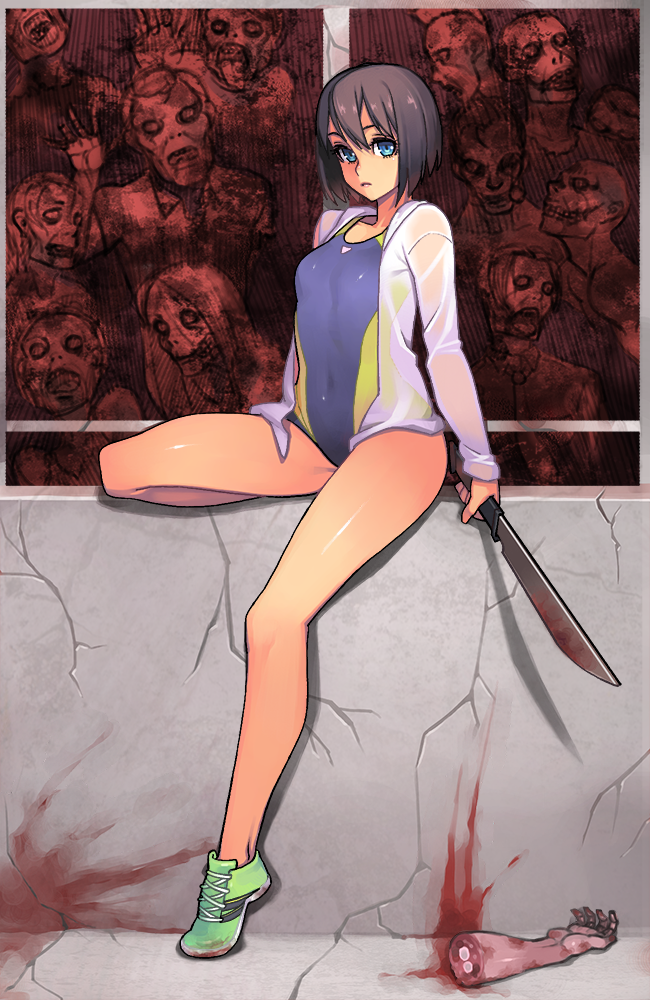 1girl, bare_legs, black_hair, blood, blue_eyes, competition_swimsuit, hooded_jacket, hoodie