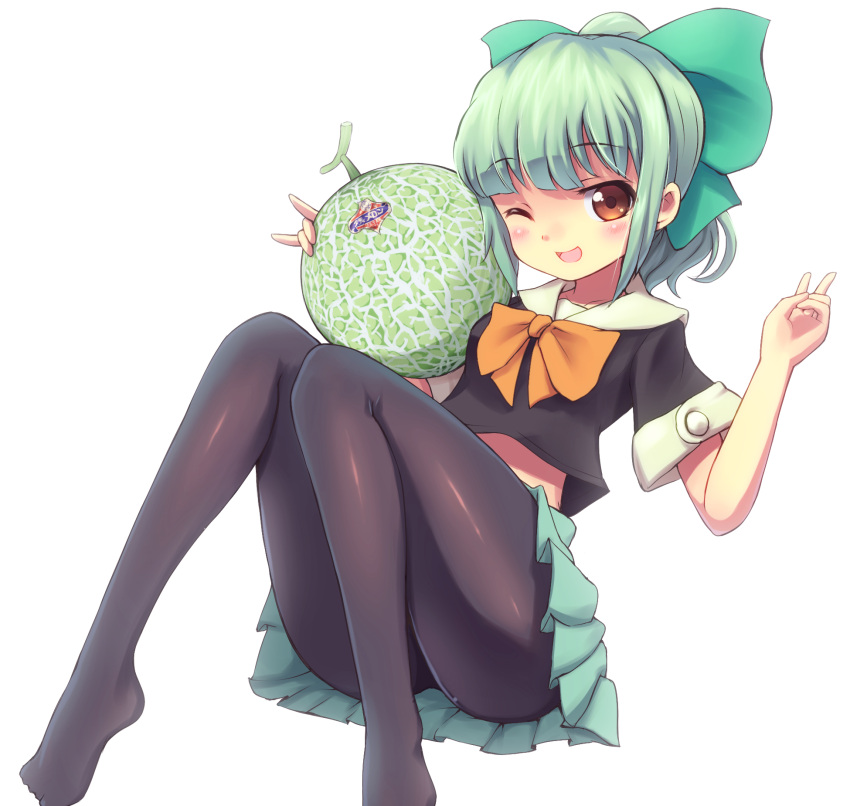 1girl, black_legwear, bow, brown_eyes, cantaloupe, food, fruit, green_hair