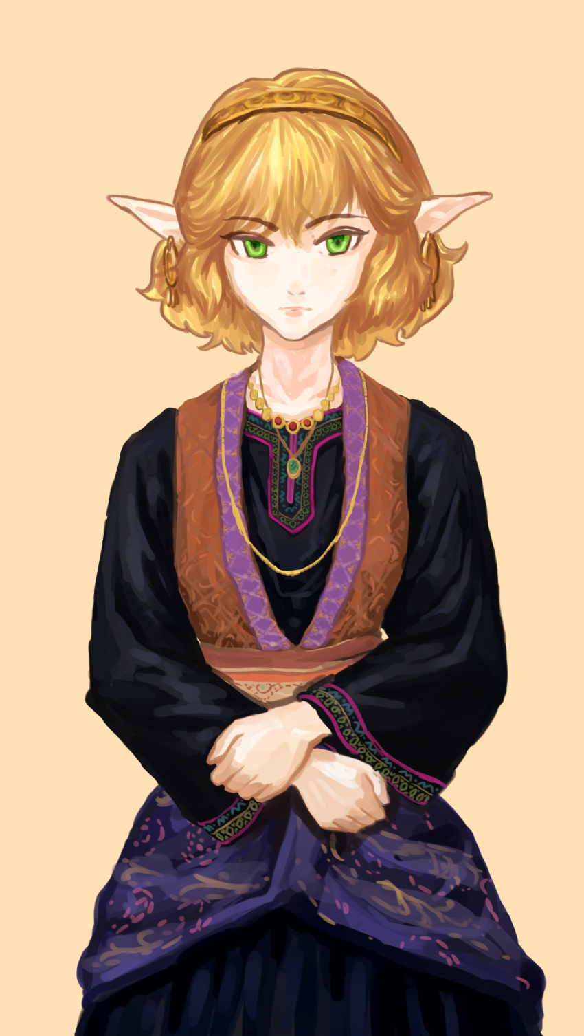 1girl, black_shirt, blonde_hair, blouse, bust, earrings, expressionless, green_eyes
