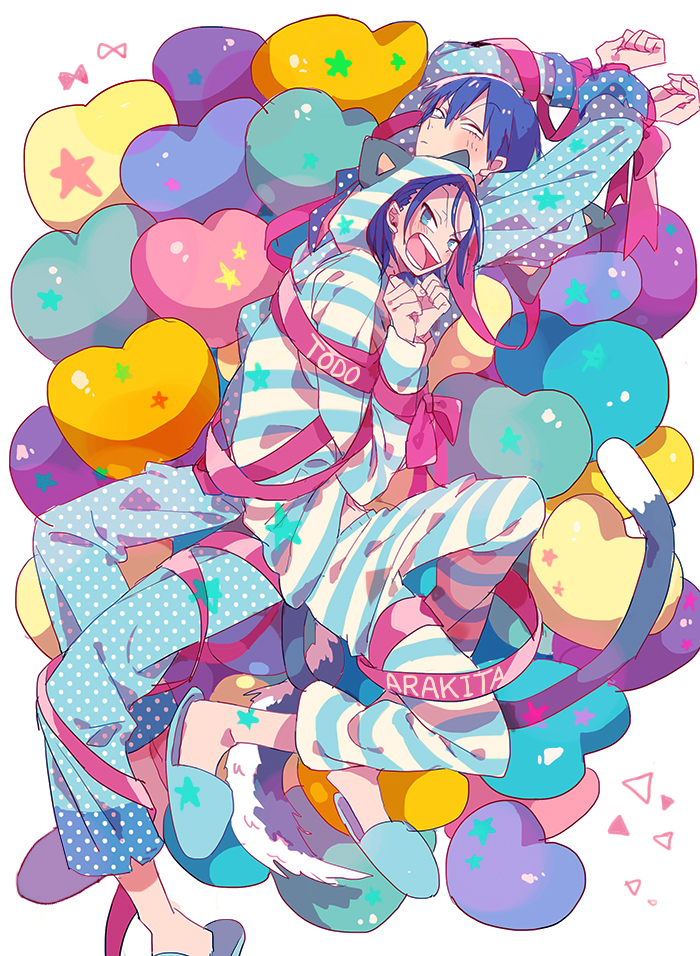 2boys, animal_hood, arakita_yasumoto, arms_up, blue_eyes, blue_hair, blush, bow, cat_hood, cat_tail, character_name, heart, heart_pillow, hood, lying, multiple_boys, on_side, open_mouth, pajamas, pillow, polka_dot, ribbon, short_hair, slippers, star, striped, tail, tied_up, toudou_jinpachi, wolf_tail, yamadi, yowamushi_pedal