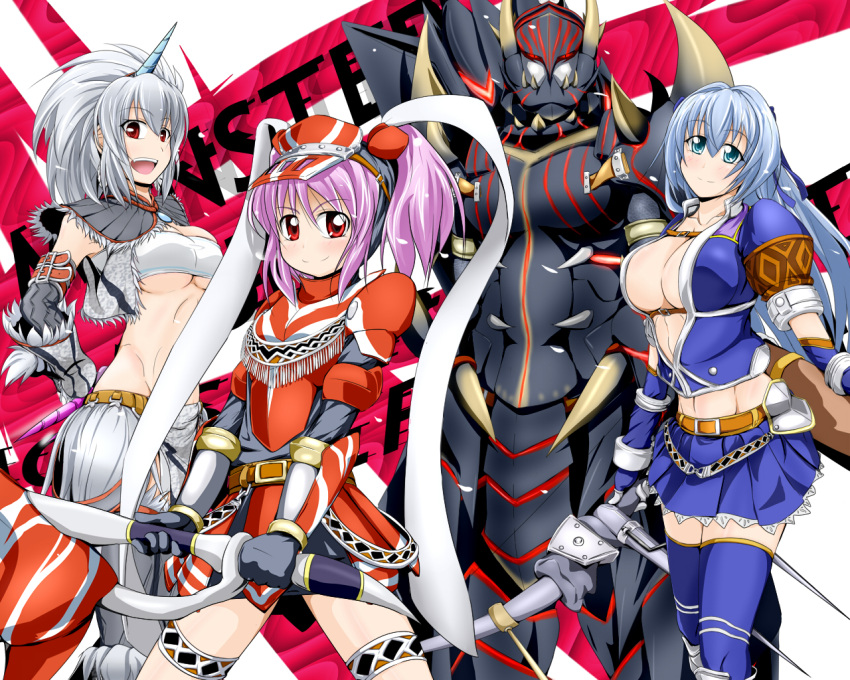 4girls, azul_(armor), breasts, cleavage, headgear, hermitaur_(armor), huge_breasts, kirin_(armor)