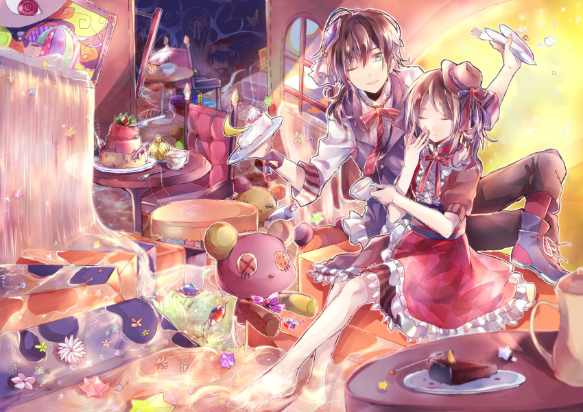 1boy, 1girl, brown_hair, cake, food, gothic, hat, highres