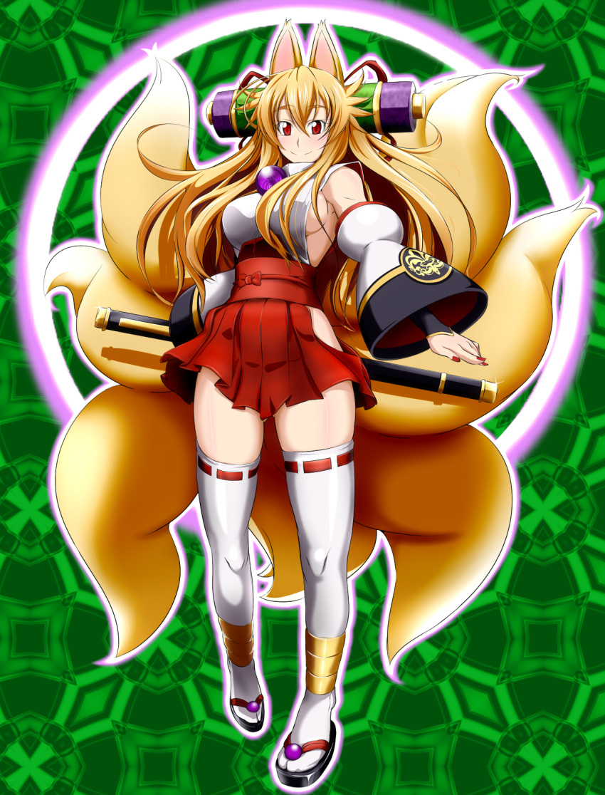 1girl, animal_ears, blonde_hair, breasts, cleavage, fox_ears, fox_tail, highres