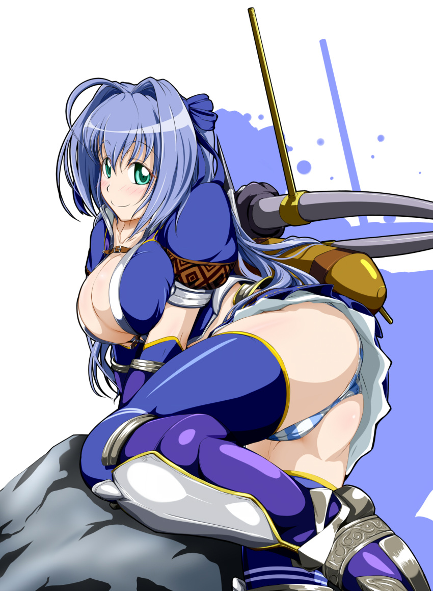 1girl, azul_(armor), blue_hair, breasts, cleavage, green_eyes, hair_ribbon, highres