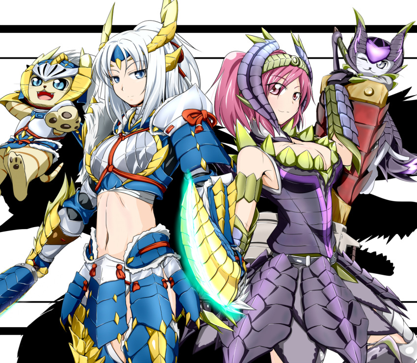 2girls, alatreon_(armor), blade, breasts, cleavage, felyne, headgear, looking_at_viewer