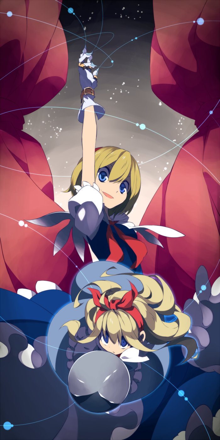 1girl, aiming_at_viewer, alice_margatroid, arm_behind_back, arm_up, blonde_hair, blue_eyes, capelet