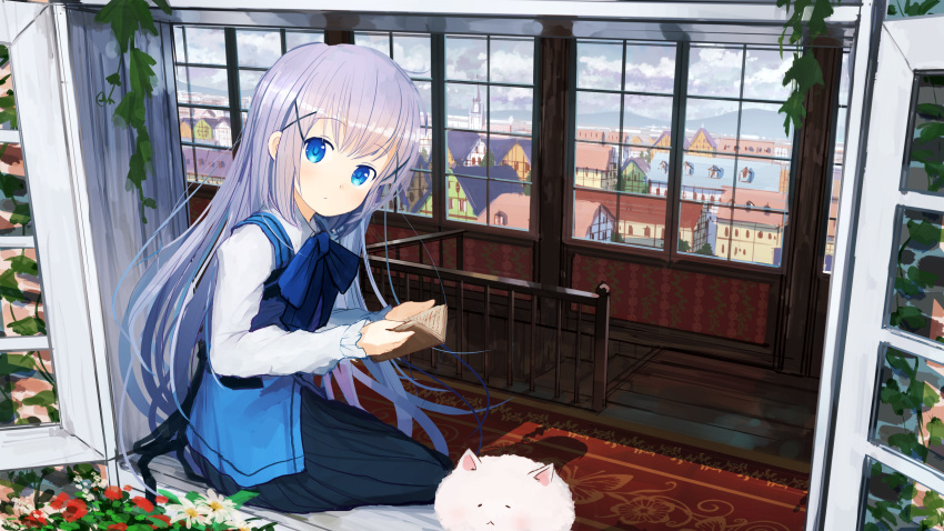 1girl, :<, blazer, blue_eyes, book, cityscape, gochuumon_wa_usagi_desuka?, grey_hair