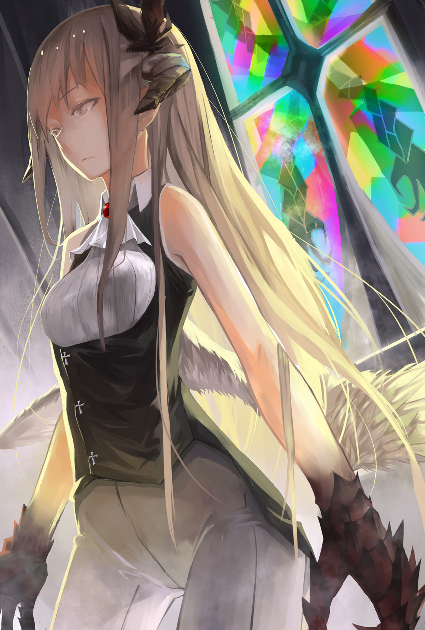 1girl, breasts, claws, dragon_girl, ghostas, highres, horns, original, pants, solo, stained_glass, wings