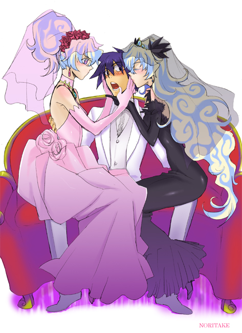 =sai=, antispiral_nia, bad_id, black_dress, blue_hair, blush, bun, couch