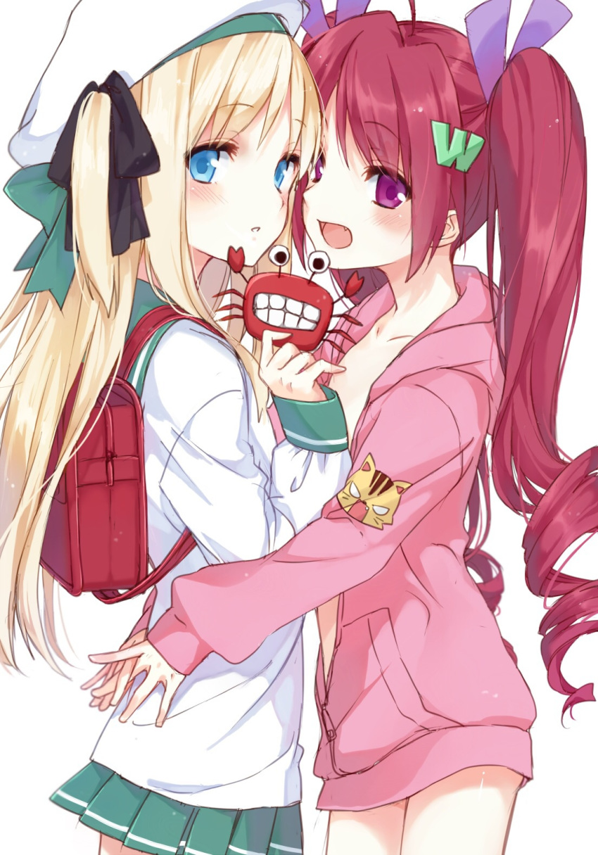 2girls, 817nono, bag, breast_press, crab, hair_ribbon, hat, hazuki_watora