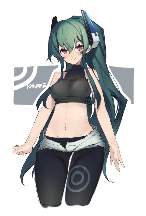 1girl, bare_shoulders, character_name, cropped_legs, green_hair, headgear, k_(li), long_hair