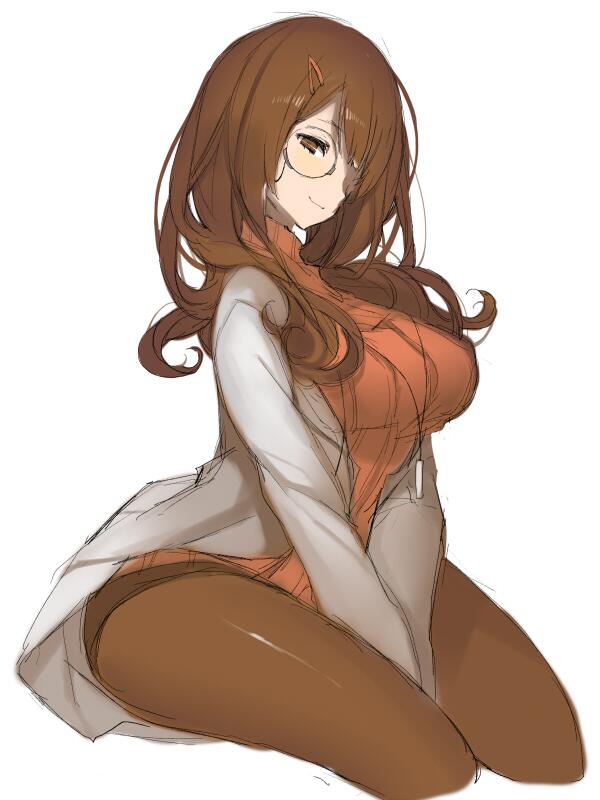 1girl, aoki_hagane_no_arpeggio, arched_back, between_thighs, breasts, brown_eyes, brown_hair, brown_legwear