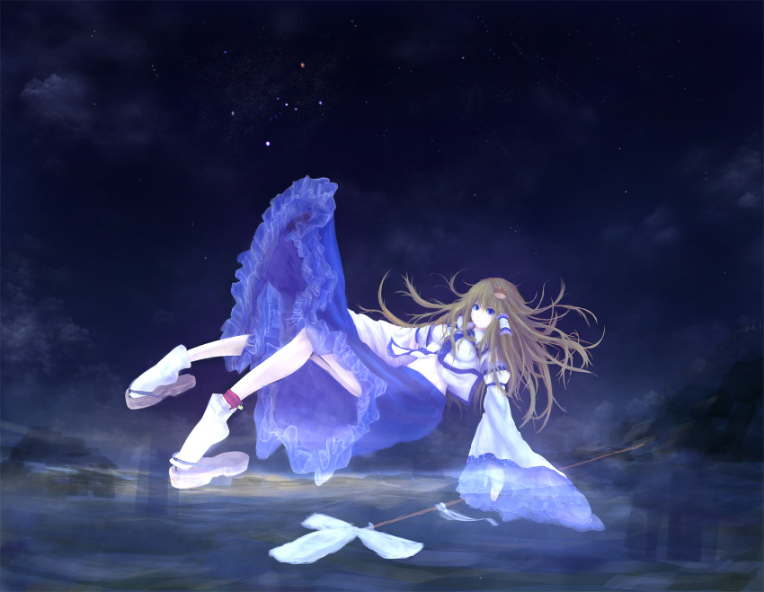 1girl, blue_eyes, breasts, detached_sleeves, floating, frilled_skirt, frills, frog_hair_ornament
