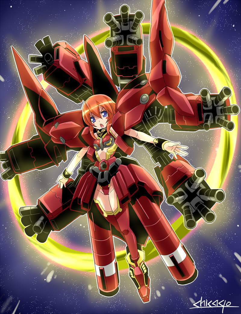 brown_hair, gundam, gundam_unicorn, mecha_musume, neo_zeong, space