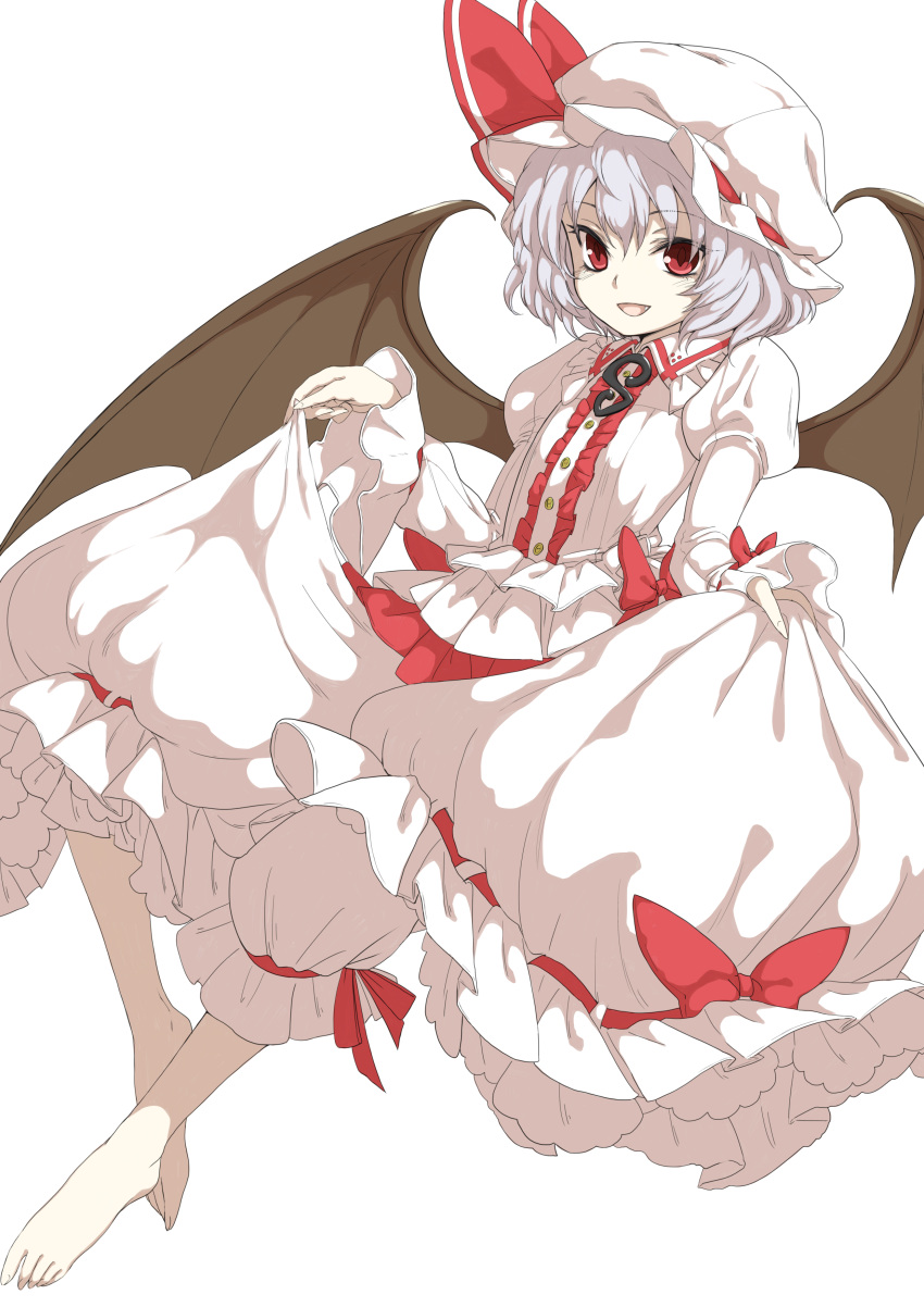 1girl, absurdres, adapted_costume, barefoot, bat_wings, bloomers, blue_hair, chikado