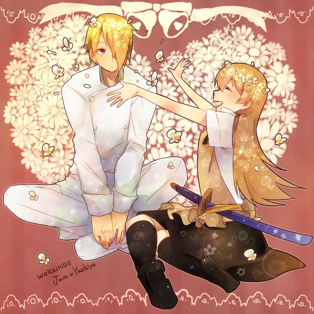 1boy, 1girl, apron, blonde_hair, chef, closed_eyes, hair_over_one_eye, long_hair