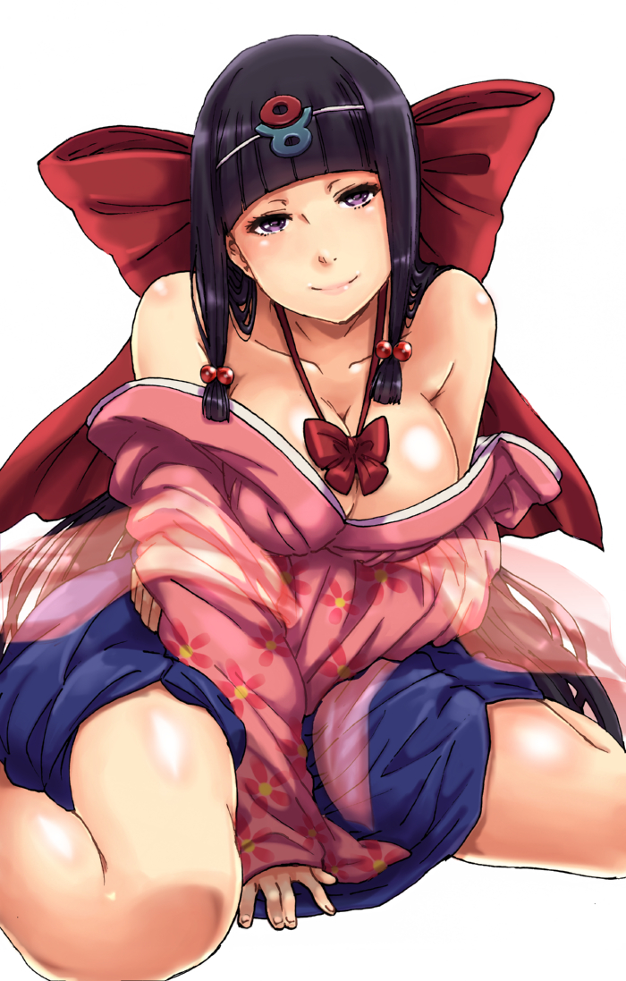1girl, black_hair, bow, breasts, cleavage, collarbone, hair_bobbles, hair_bow, hair_ornament, japanese_clothes, kimono, large_bow, large_breasts, long_hair, looking_at_viewer, off_shoulder, payot, renka-chan, simple_background, smile, solo, violet_eyes, white_background, yanagida_fumita