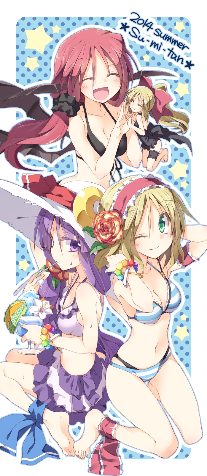 3girls, ^_^, alice_margatroid, alternate_costume, bat_ears, bat_wings, bikini, blonde_hair