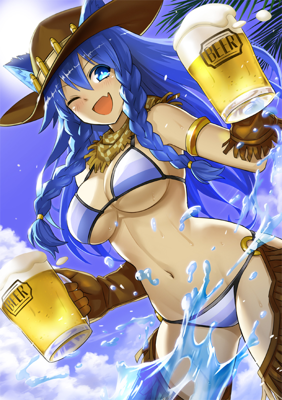 1girl, alcohol, beer, bikini, blue_eyes, blue_hair, braid, breasts