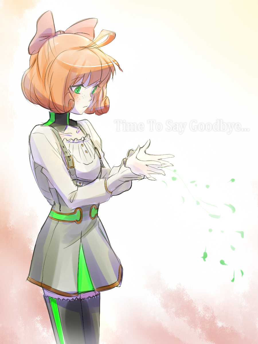 1girl, ahoge, black_legwear, bob_cut, bow, cowboy_shot, dress, english, freckles, green_eyes, hair_bow, helpyourselfish, highres, long_sleeves, orange_hair, penny_(rwby), rwby, short_hair, solo, thigh-highs, zettai_ryouiki