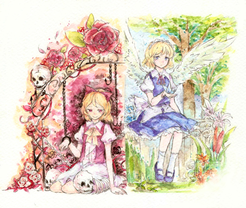 2girls, :o, apron, ascot, bench, blonde_hair, blue_eyes, blue_rose