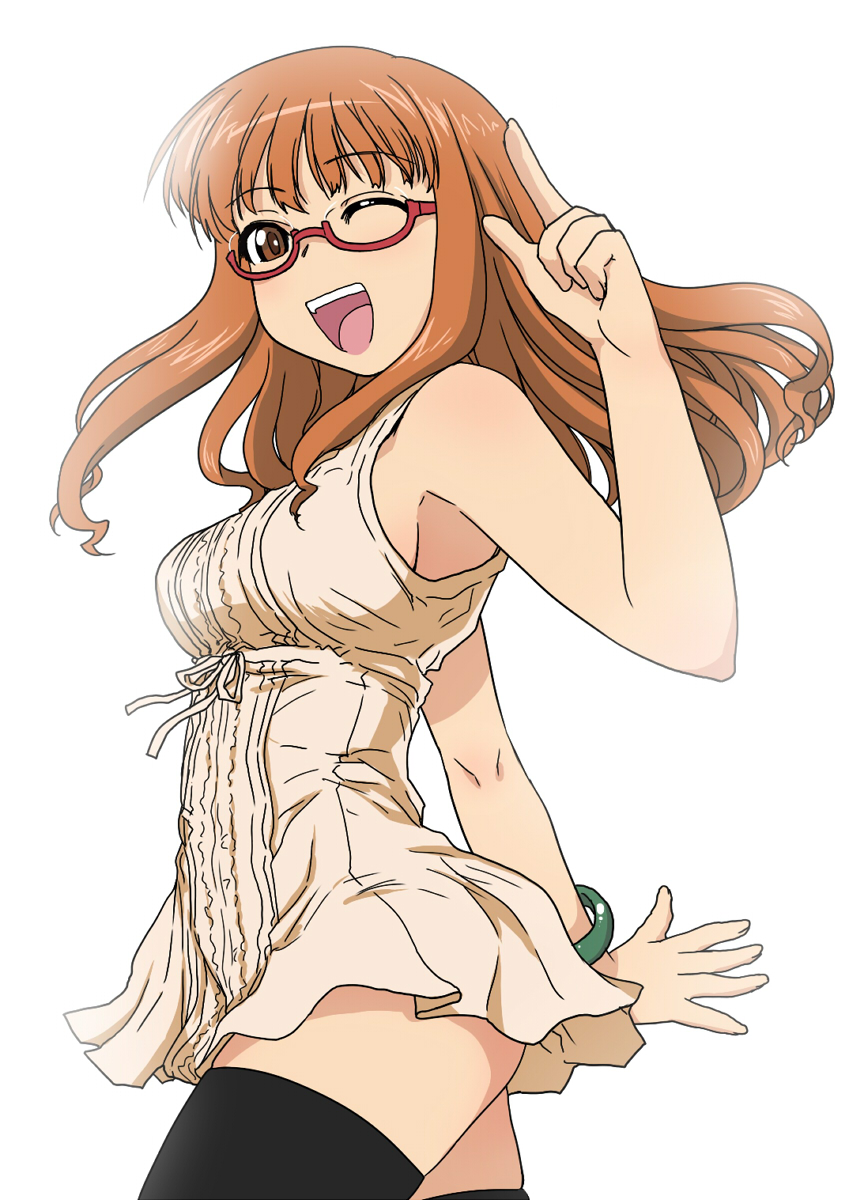 1girl, black_legwear, bracelet, dress, girls_und_panzer, glasses, highres, jewelry, long_hair, looking_at_viewer, one_eye_closed, open_mouth, orange_eyes, orange_hair, sakaki_imasato, semi-rimless_glasses, short_dress, sleeveless, sleeveless_dress, smile, solo, standing, takebe_saori, thigh-highs, under-rim_glasses, white_background, white_dress, zettai_ryouiki