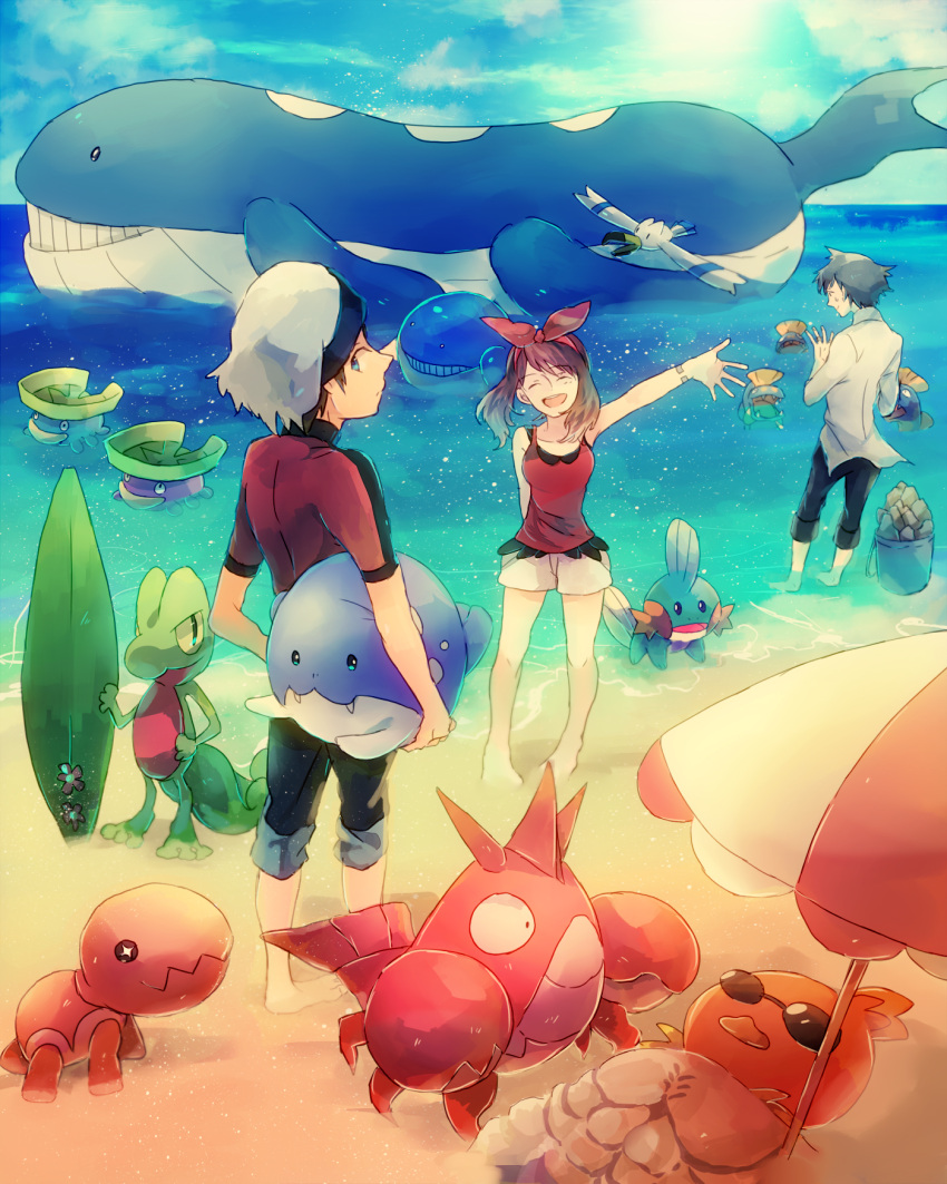 1girl, 2boys, arm_up, barefoot, beach, bike_shorts, blue_eyes, bracelet, brown_hair, closed_eyes, corphish, hair_ribbon, haruka_(pokemon), haruka_(pokemon)_(remake), hat, highres, huntail, jewelry, lotad, mudkip, multiple_boys, ocean, okii, open_mouth, parasol, pokemon, pokemon_(creature), pokemon_(game), pokemon_oras, ribbon, sand, short_hair, short_shorts, shorts, silver_hair, sleeveless, sleeveless_shirt, spheal, sunglasses, surfboard, torchic, trapinch, treecko, tsuwabuki_daigo, two_side_up, umbrella, wailmer, wailord, wingull, yuuki_(pokemon), yuuki_(pokemon)_(remake)