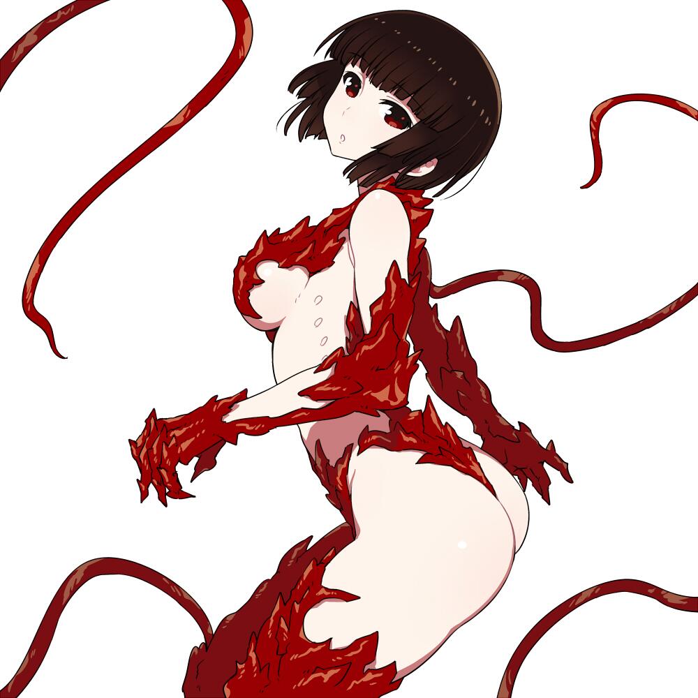 1girl, ass, black_hair, breasts, chan_co, gauna, hoshijiro_shizuka, jpeg_artifacts, looking_at_viewer, monster_girl, red_eyes, short_hair, sideboob, sidonia_no_kishi, simple_background, solo, tentacles, white_background