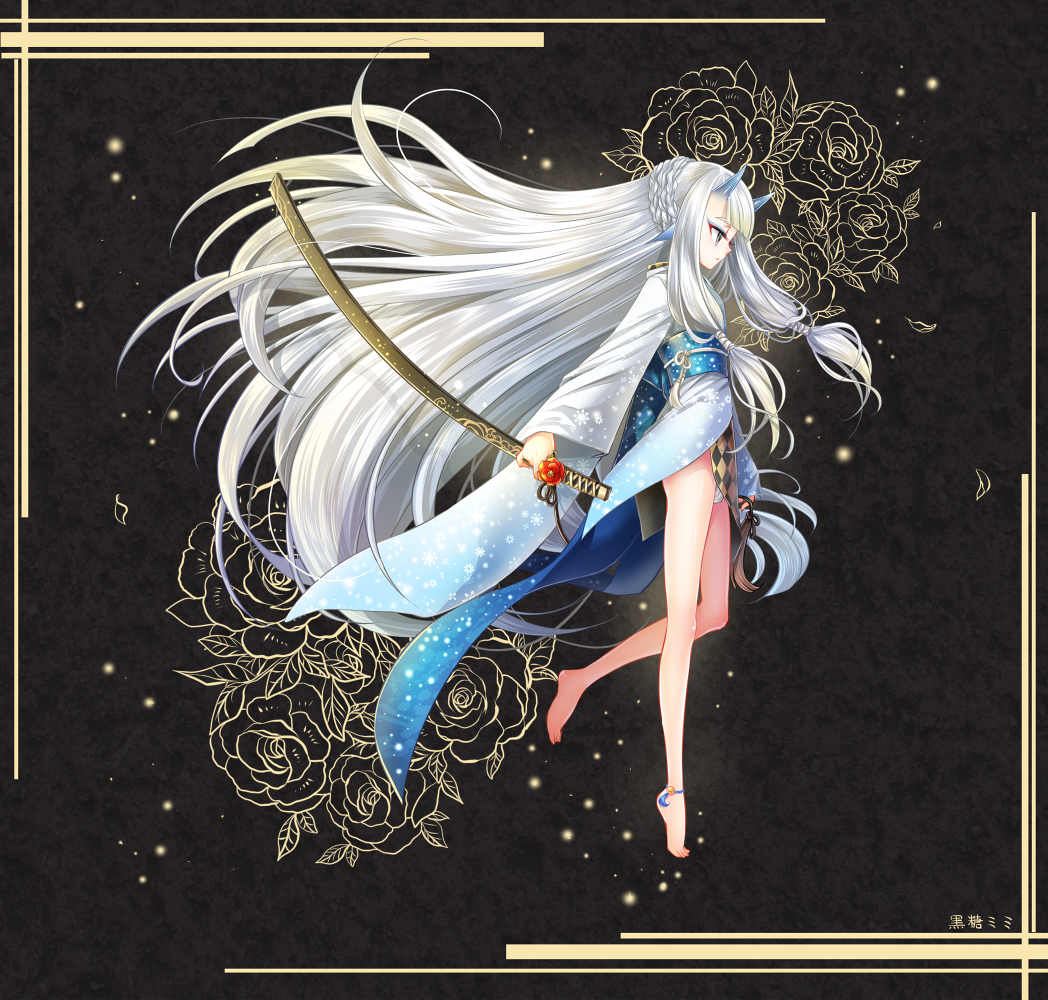 1boy, barefoot, black_eyes, horns, japanese_clothes, kokutou_mimi, long_hair, male, original, solo, sword, trap, very_long_hair, weapon, white_hair