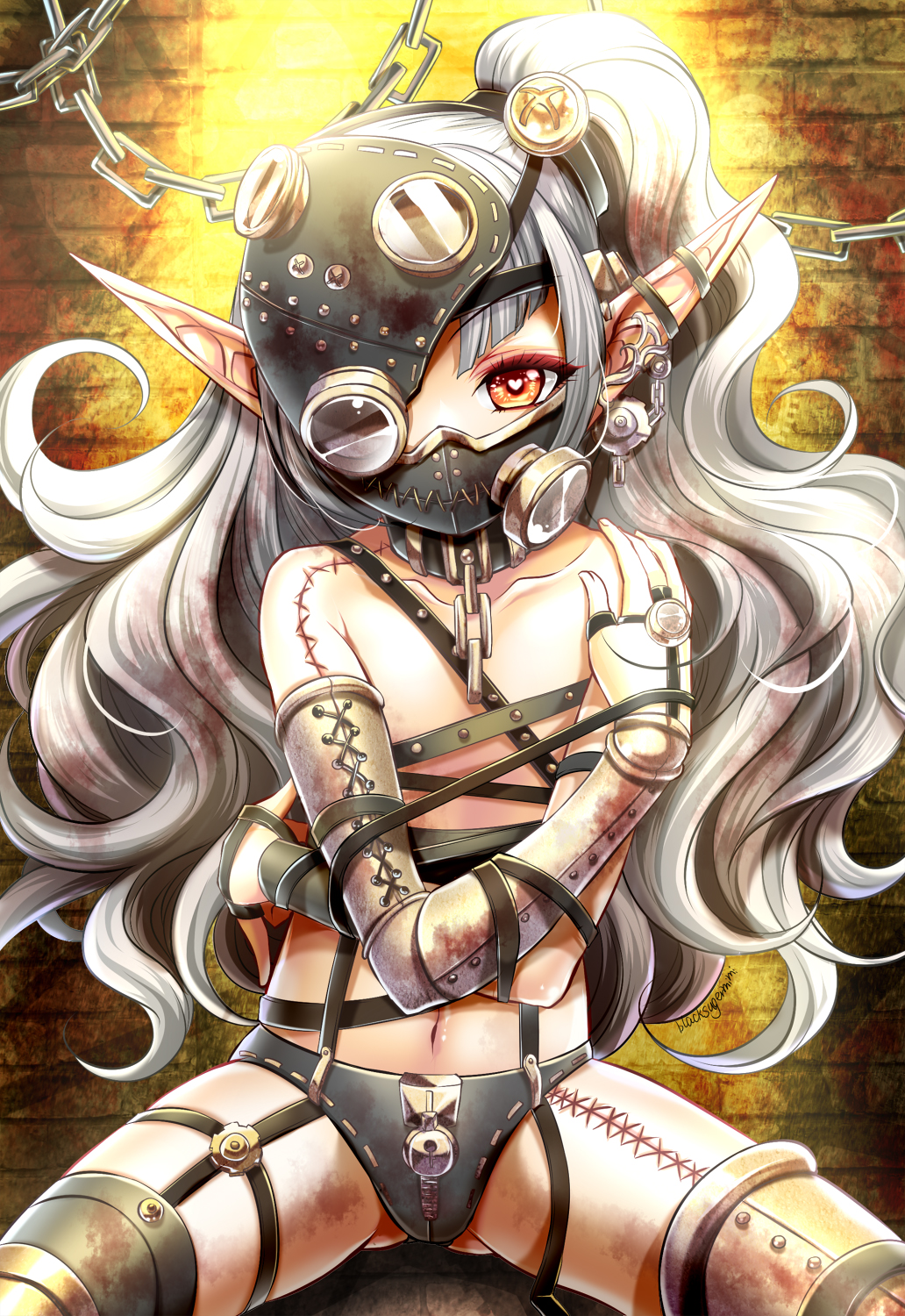 1boy, face_mask, gloves, highres, kokutou_mimi, mask, original, pointy_ears
