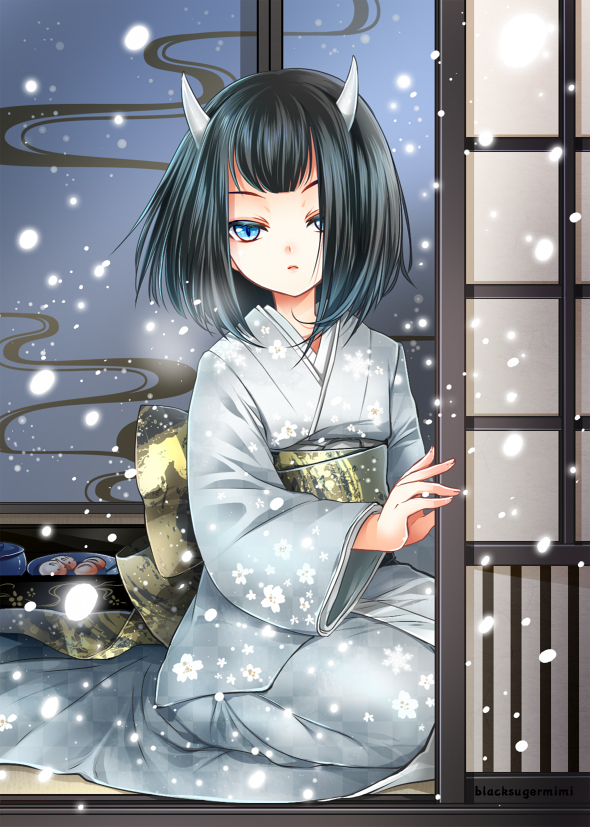 1boy, androgynous, blue_eyes, blue_hair, horns, japanese_clothes, kimono, kokutou_mimi