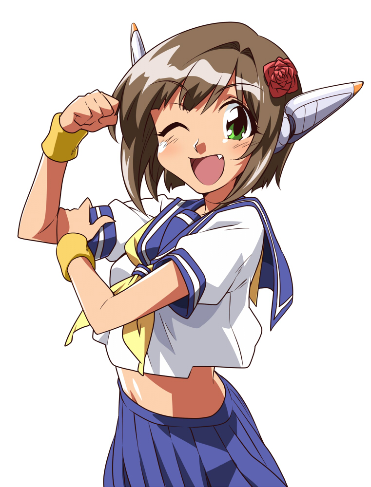 1girl, ;d, all_purpose_cultural_cat_girl_nuku_nuku, blue_skirt, bras_d'honneur, brown_hair, cosplay, flower
