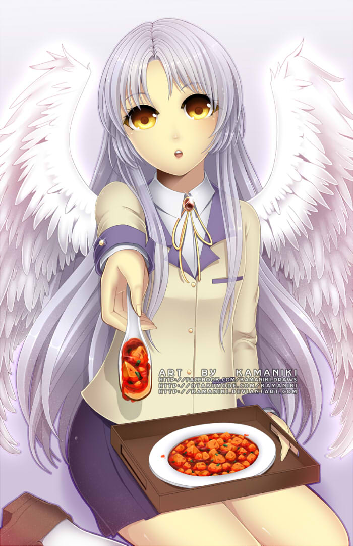 1girl, angel_beats!, angel_wings, kamaniki, long_hair, mapou_doufu, school_uniform, silver_hair