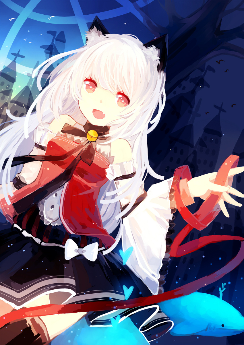1girl, animal_ears, bare_shoulders, bell, bell_collar, cat_ears, collar, detached_sleeves