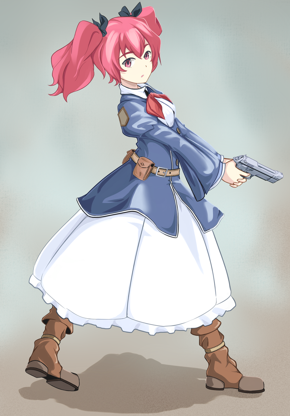 1girl, belt, belt_pouch, beretta_92, boots, borrowed_character, brown_eyes, brown_hair