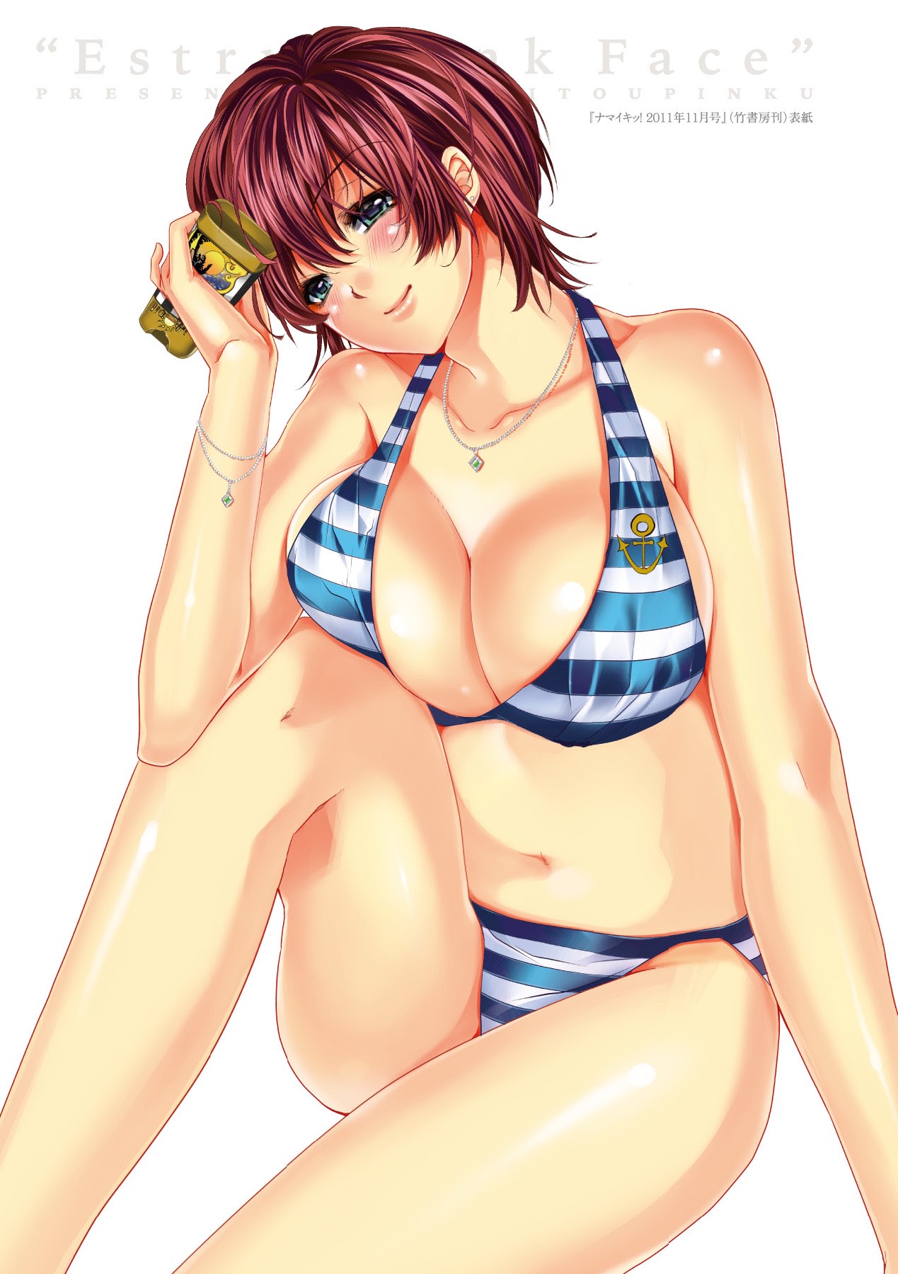 1girl, anchor_symbol, bikini, blue_bikini, blush, bottle, breast_press, breasts