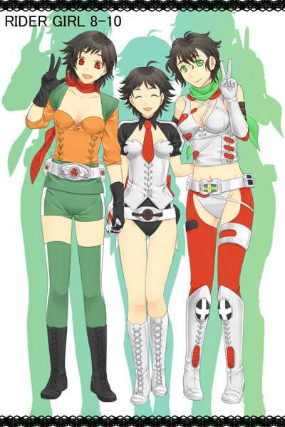 3girls, female, genderswap, kamen_rider, kamen_rider_super-1, kamen_rider_super-1_(series), kamen_rider_zx, multiple_girls