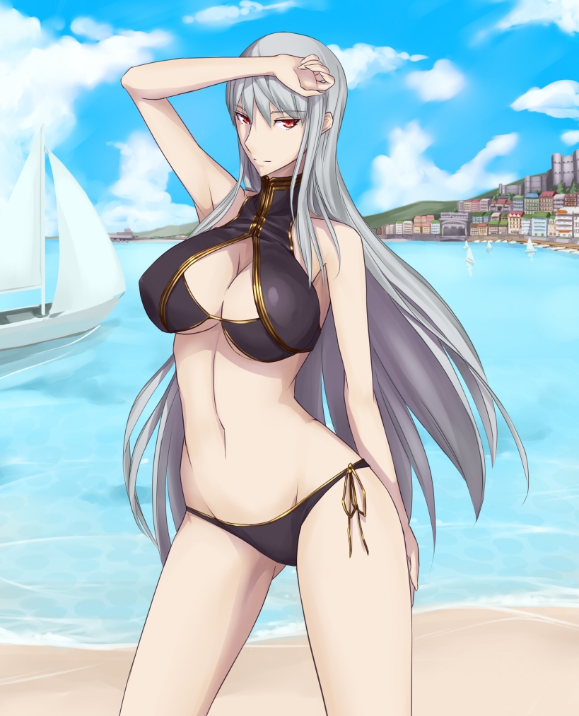 1girl, bare_shoulders, beach, bikini, boat, breasts, cleavage, clouds, light_smile, long_hair, looking_at_viewer, massive_kagawa, midriff, red_eyes, selvaria_bles, senjou_no_valkyria, side-tie_bikini, silver_hair, sky, solo, standing, swimsuit, thighs, water