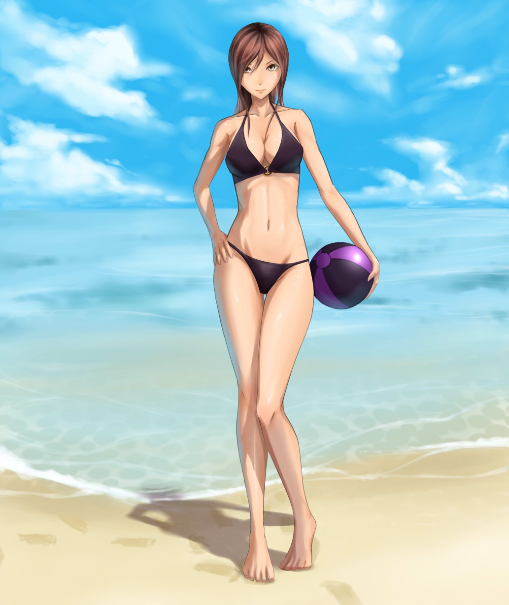 1girl, ball, bare_shoulders, beach, beachball, bikini, blurry, breasts, brown_eyes, brown_hair, cleavage, clouds, depth_of_field, hand_on_hip, highres, legs, looking_at_viewer, massive_kagawa, midriff, ocean, original, shadow, sky, solo, swimsuit