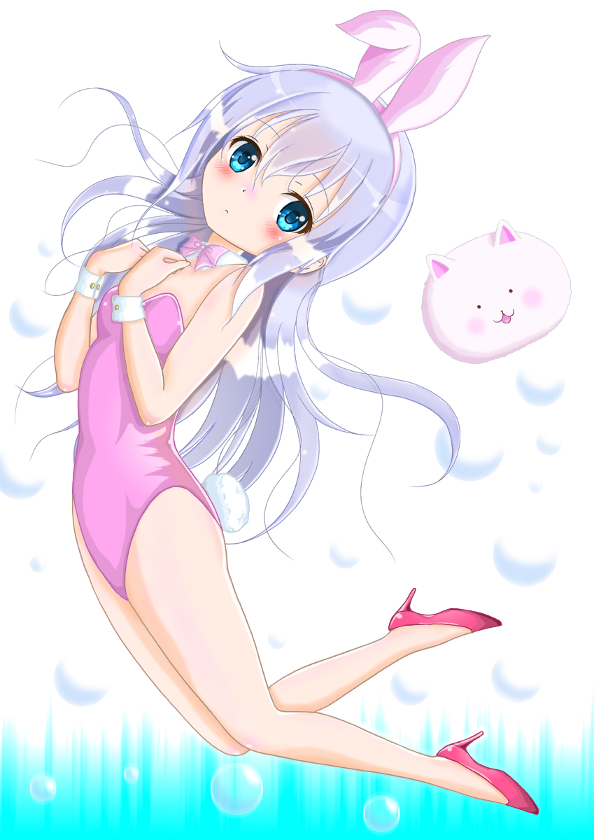 1girl, animal_ears, blue_eyes, blue_hair, bowtie, bunny_tail, bunnysuit, detached_collar