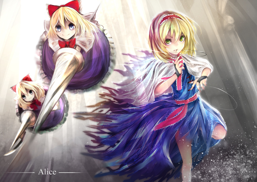 1girl, alice_margatroid, ankh_(ankh_05), blonde_hair, blue_dress, bow, bridal_gauntlets, capelet